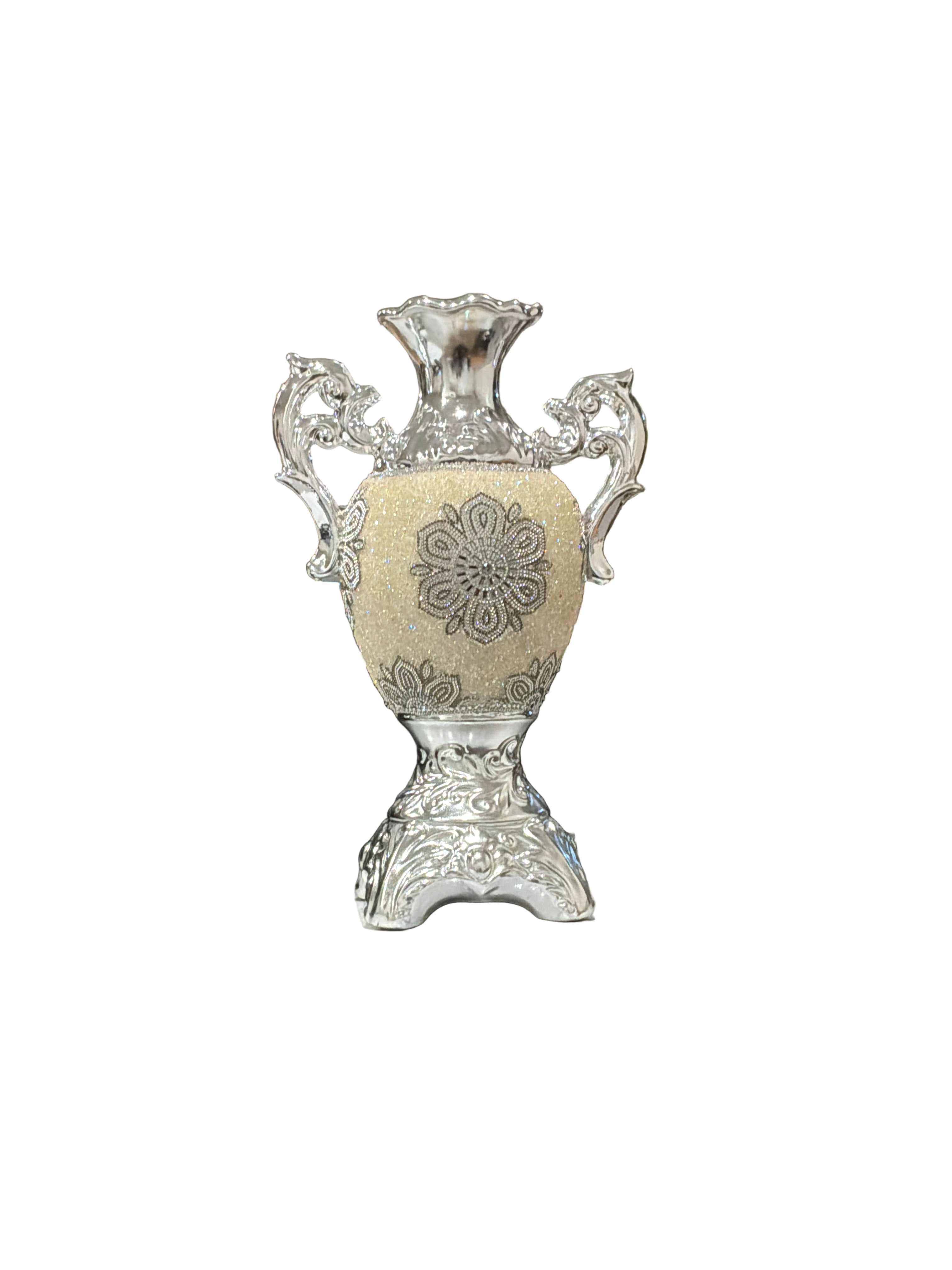 VASE CHROME HANDLES W/WHITE  GLITTER-FLW