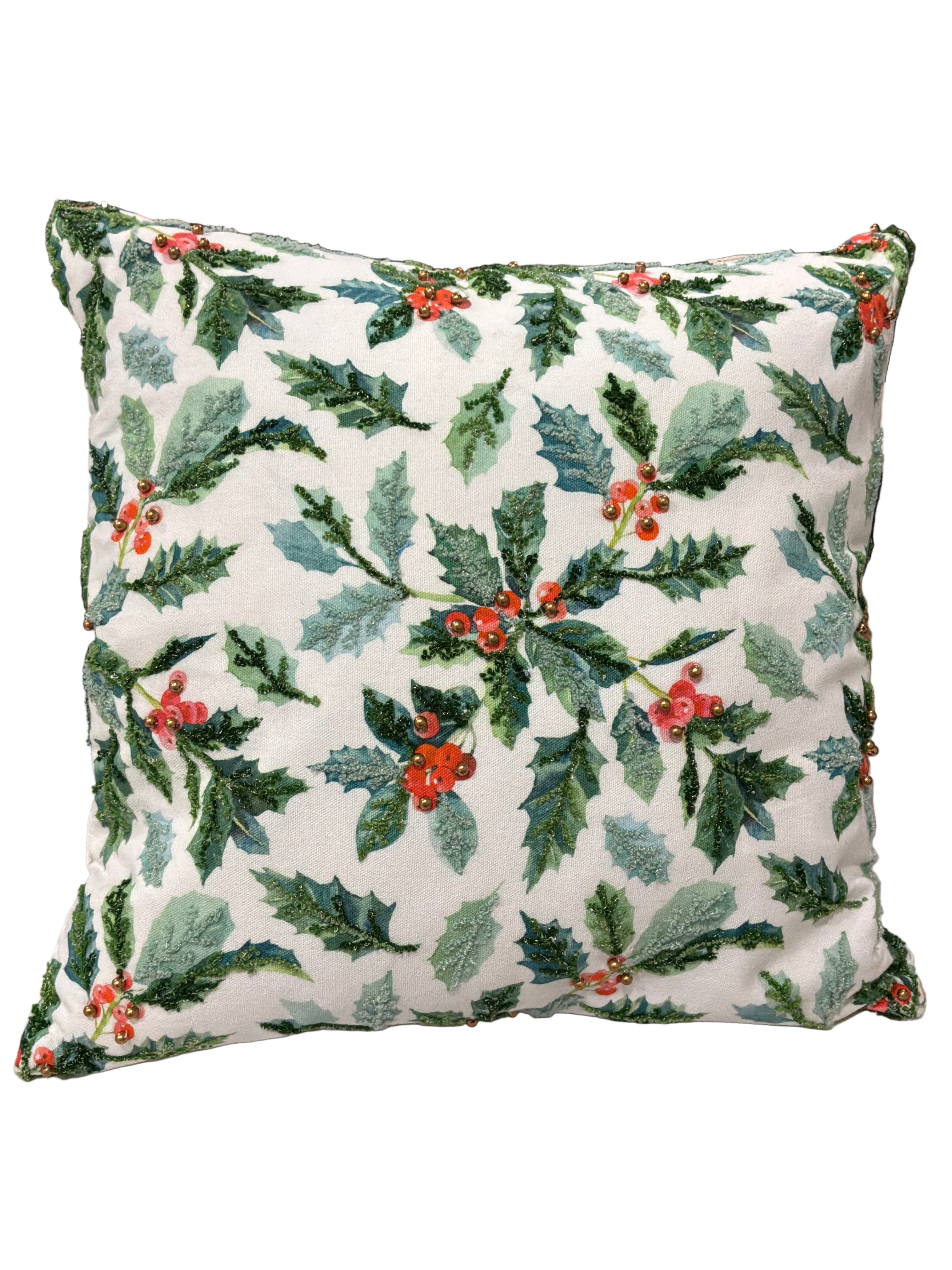 PILLOW HOLLY LEAVES W/BEADS