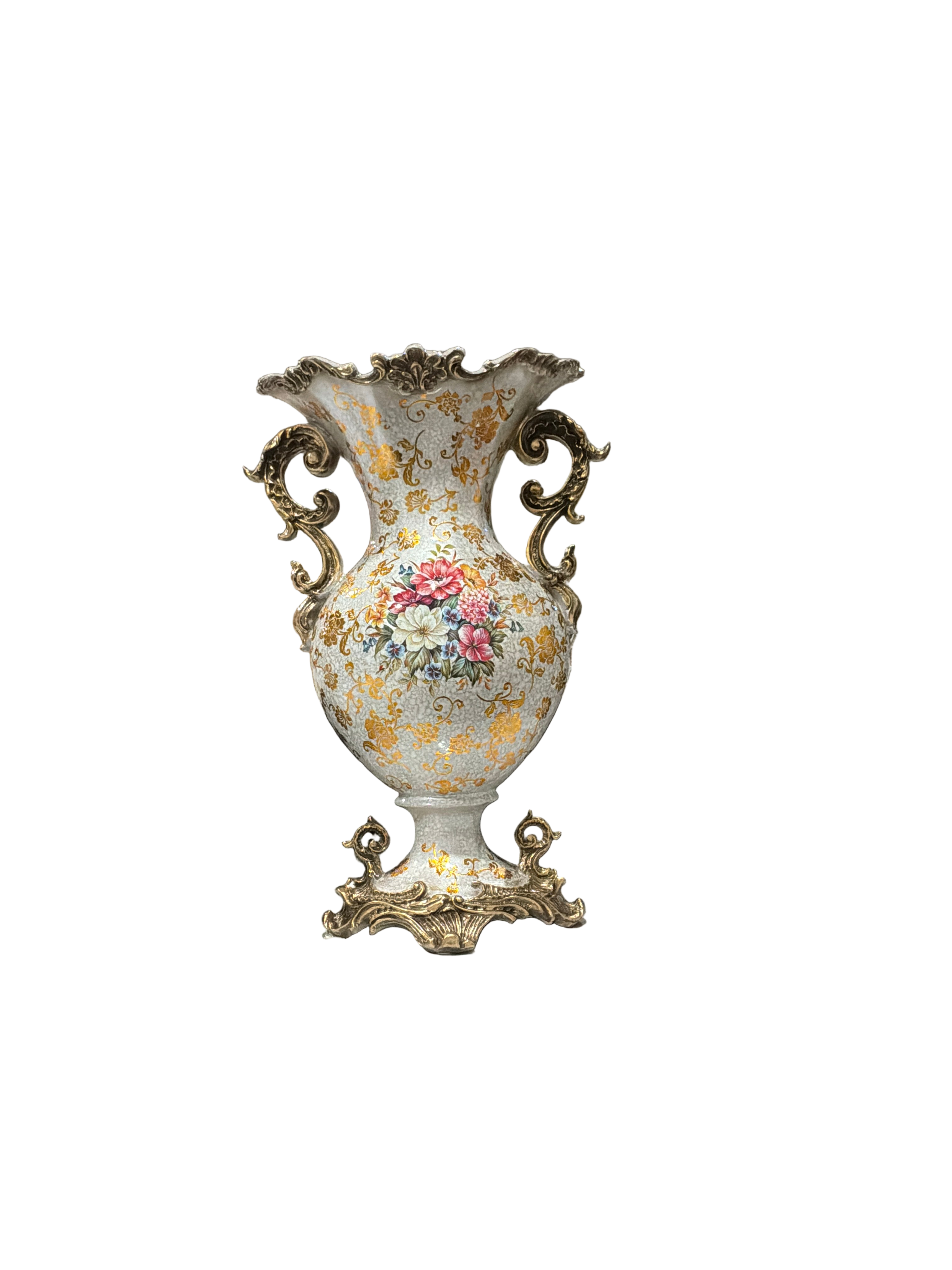 VASE WH/GD LEAF PRINT W/FLOWERS