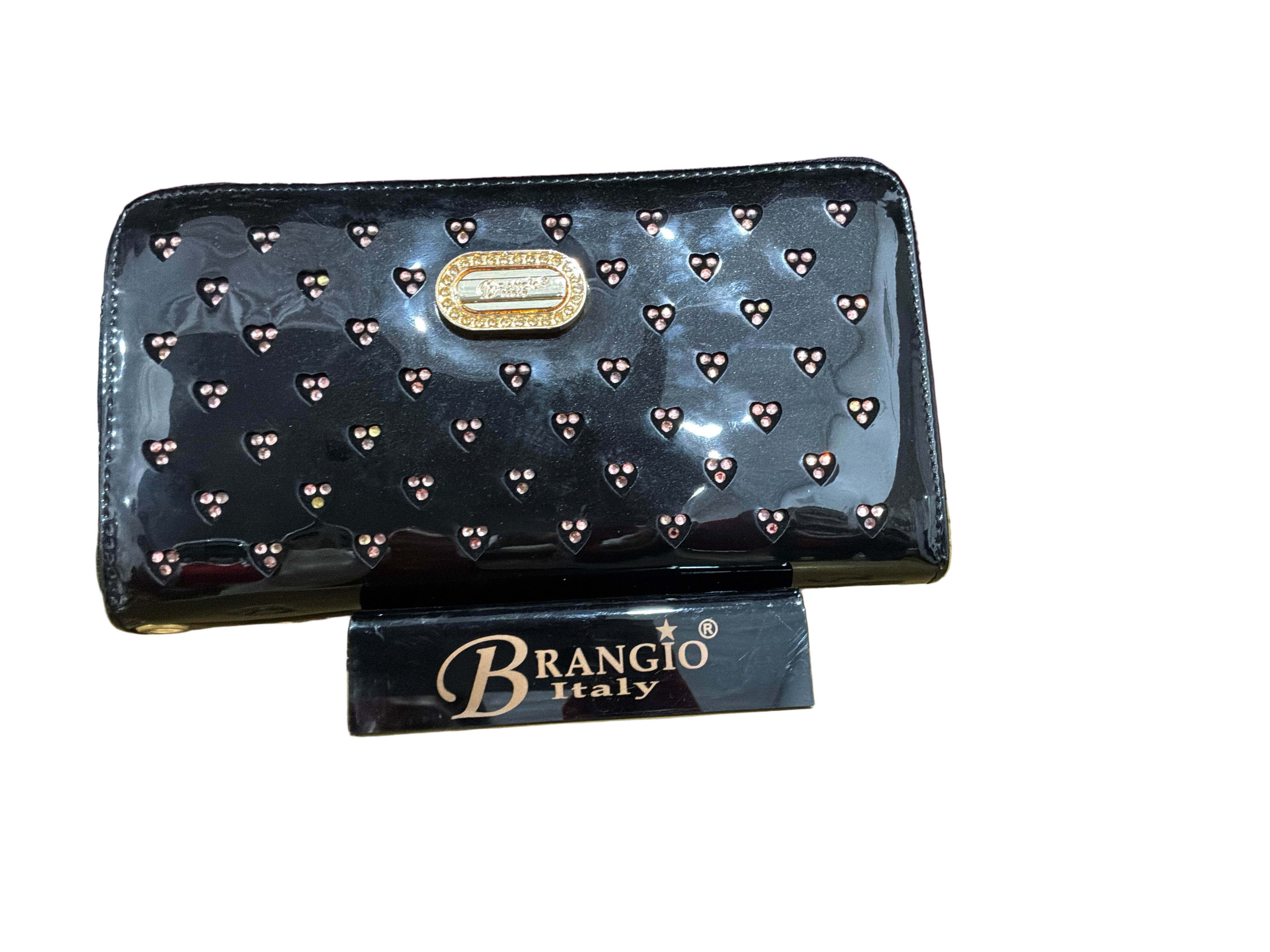 BRANGIO GLOSSY WALLET W/FLORAL ACCENT BLACK HEARTS