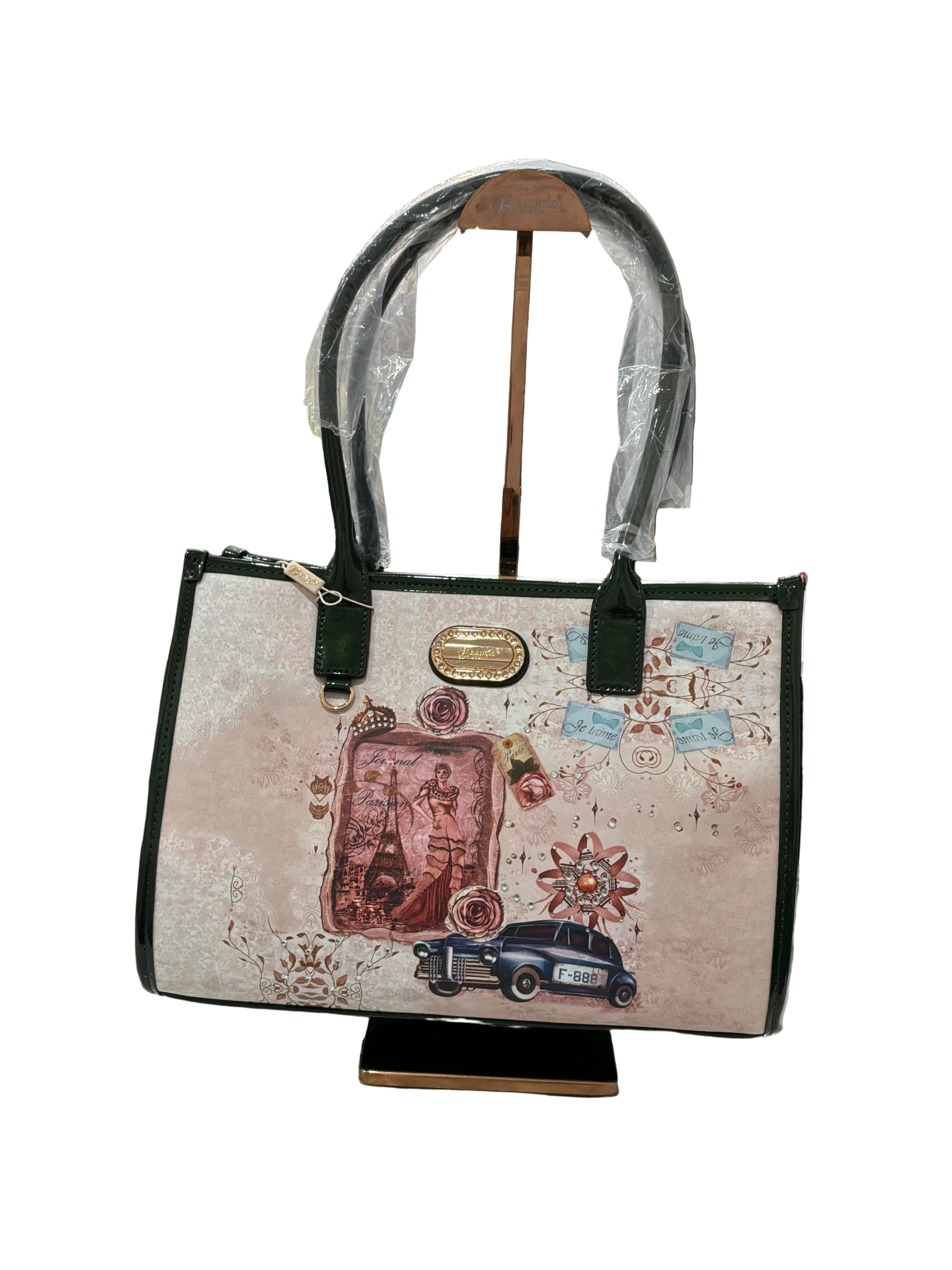 BRANGIO GREEN VINTAGE HANDBAG W/MADAMM W/CAR
