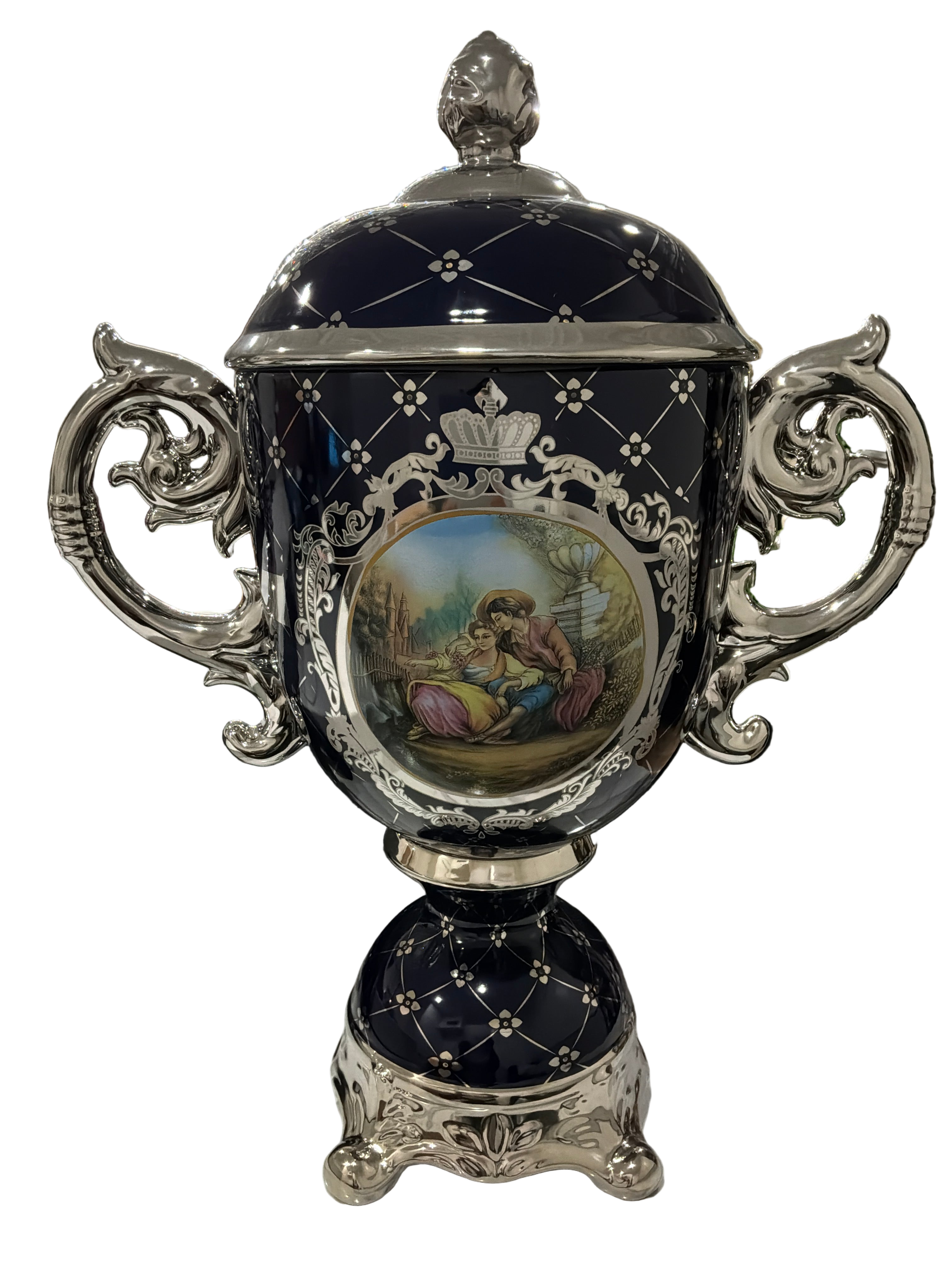 VASE W/LID NAVY BLUE/CHROME