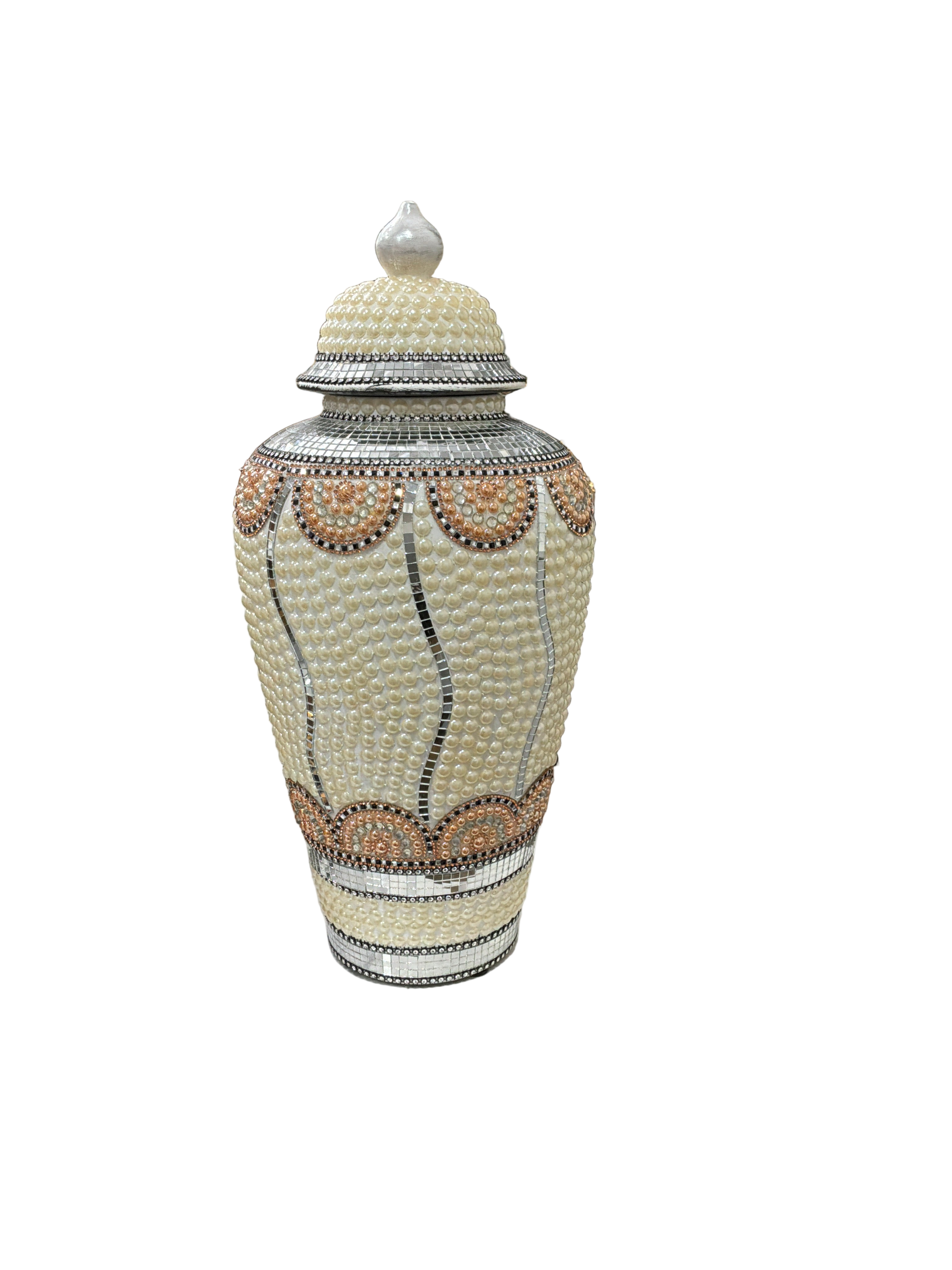 JAR W/LID WHT/PEARLS 7 COPPER
