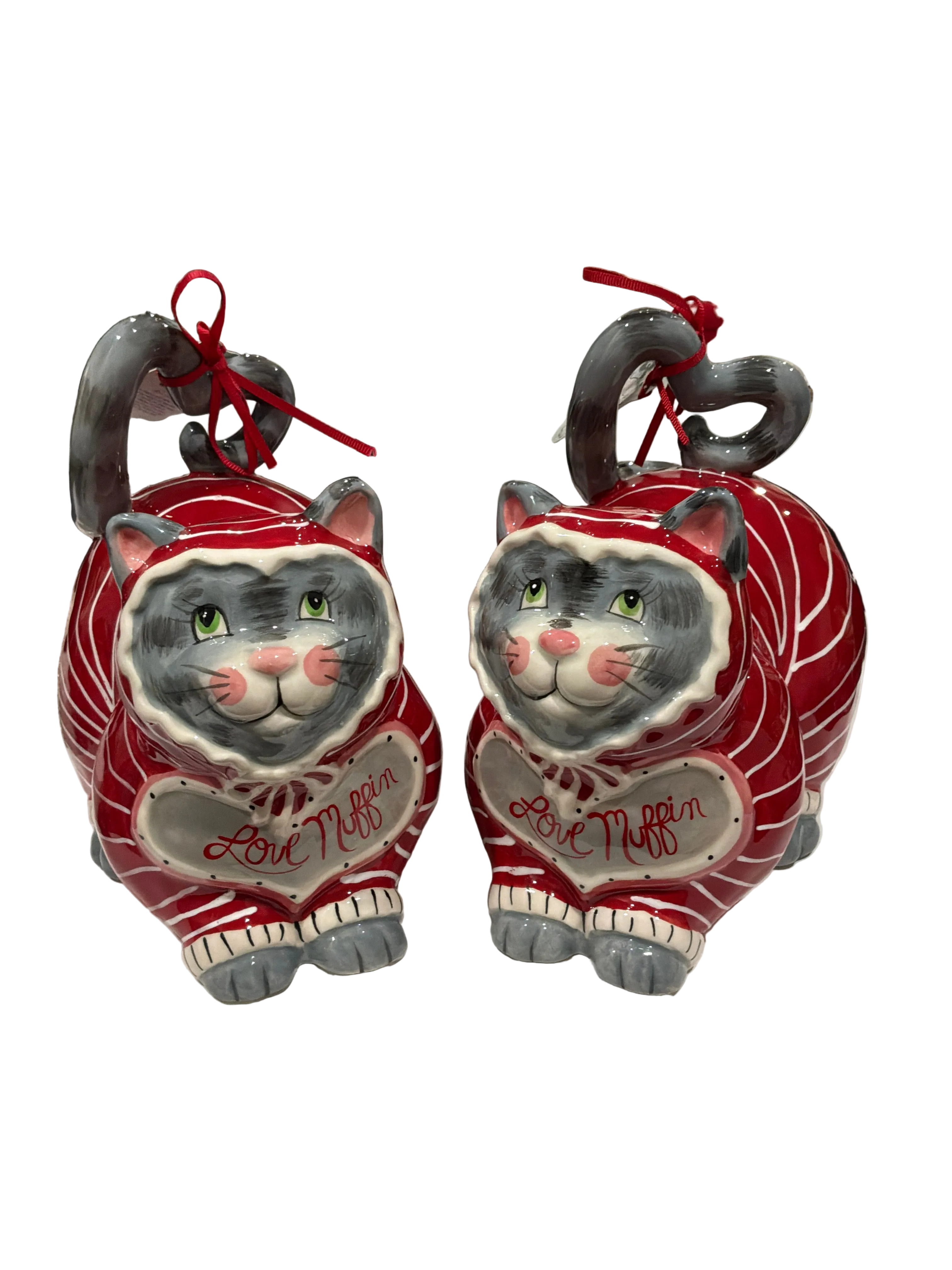 CERAMIC RED WHITE GREY CAT VALENTINE