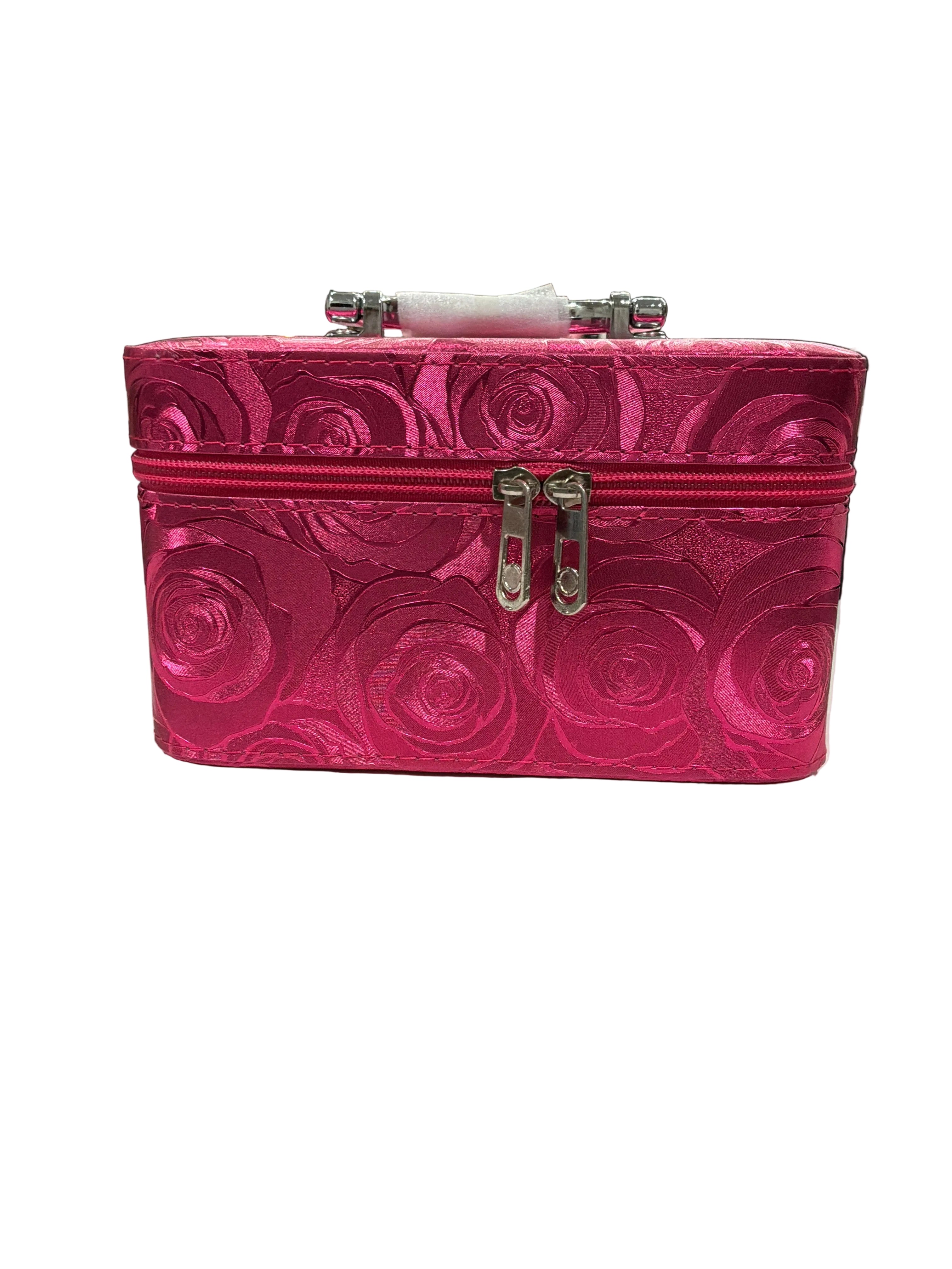 HOT PINK EMBOSSED ROSE VANITY TRAIN CASE
