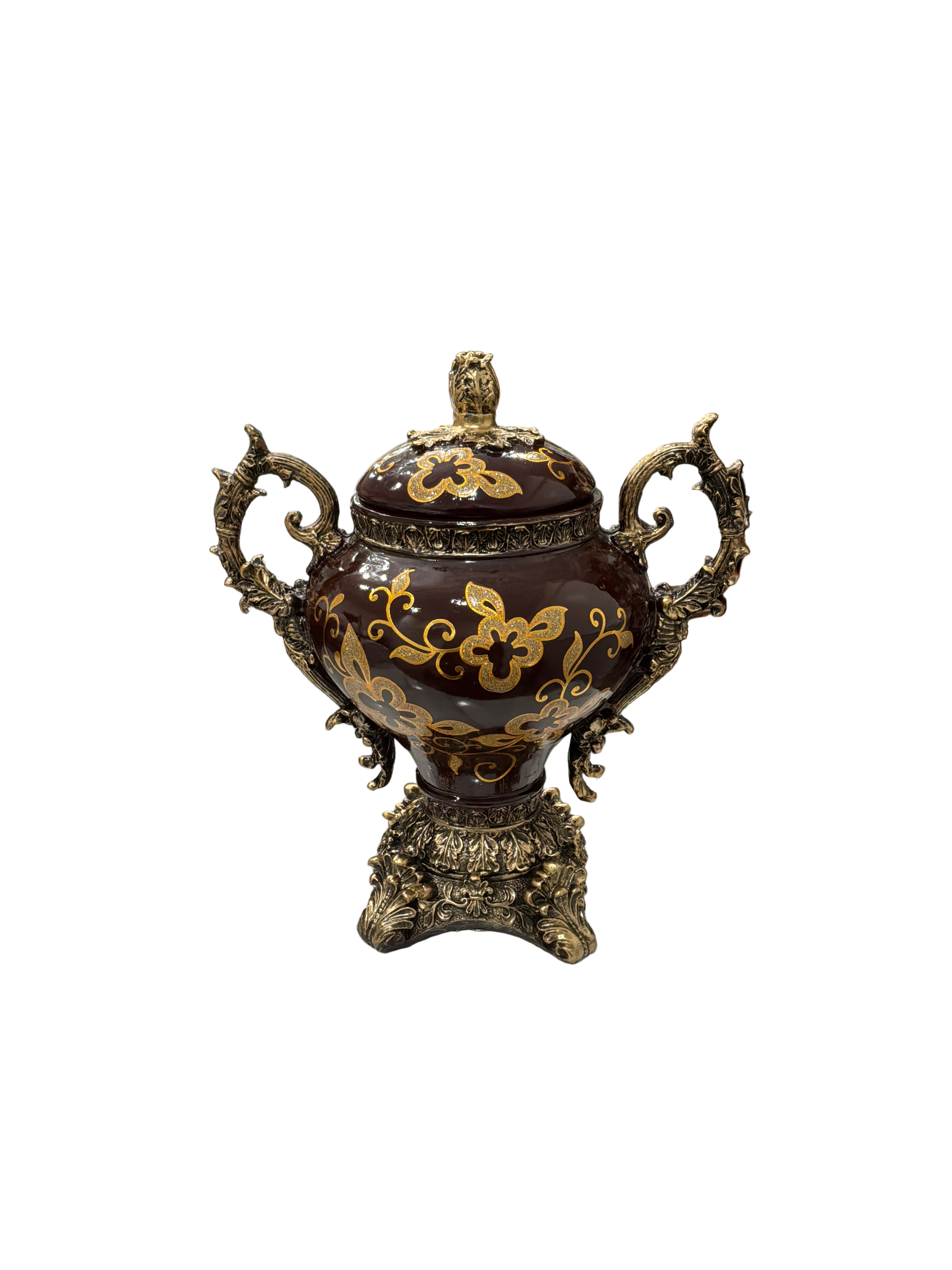 VASE SMALL BROWN W/GD  &FLOWERS