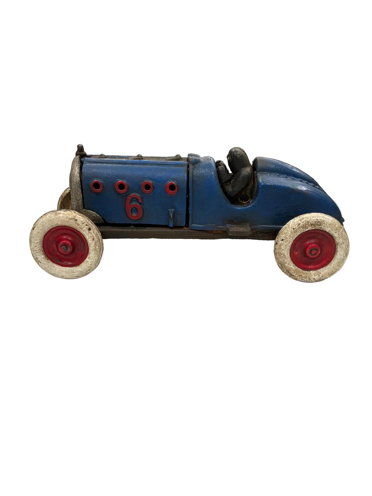 BLUE VINTAGE CAST IRON RACE CAR W/ DRIVER RED-RIMMED WHEELS