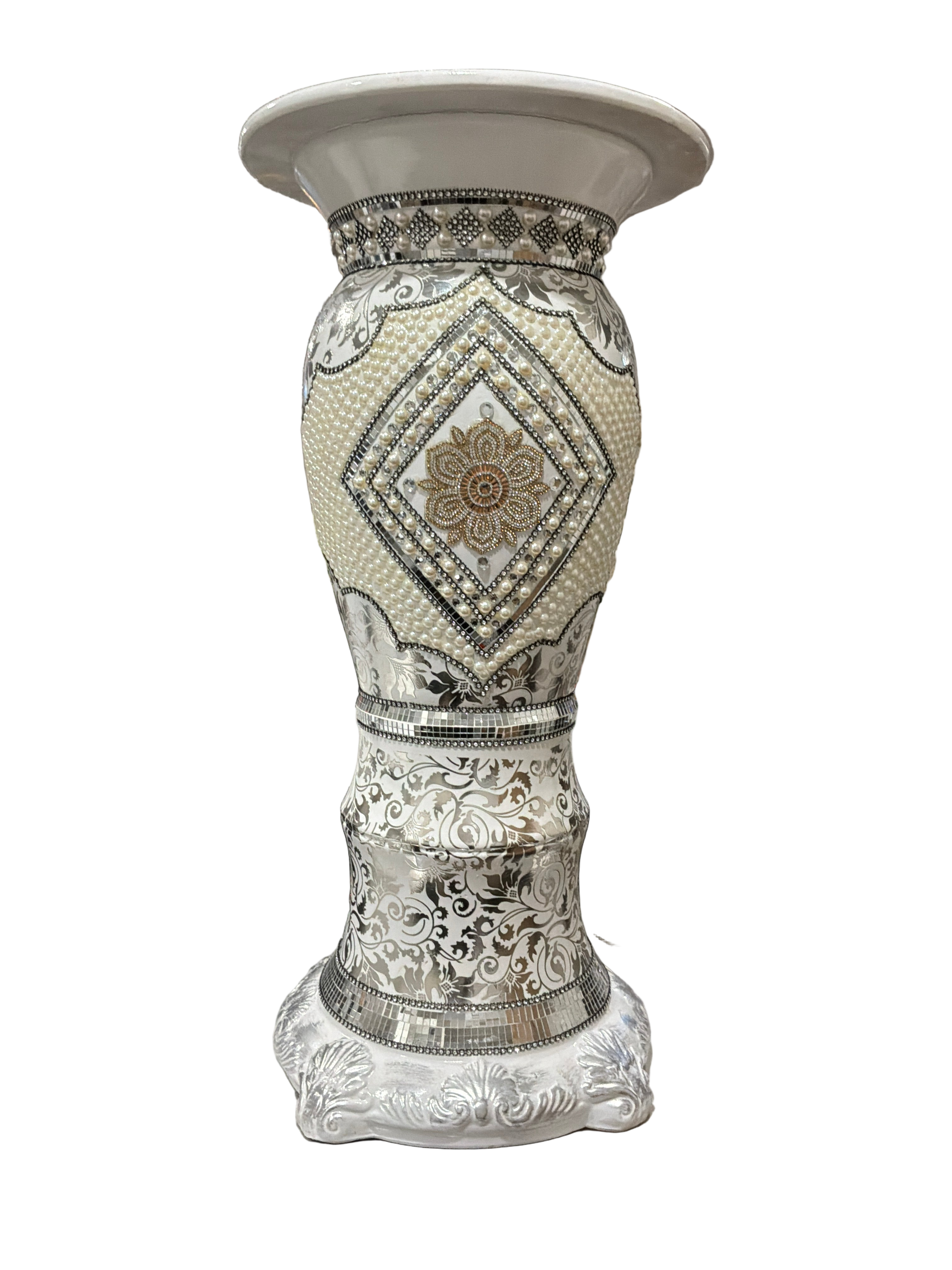 Lamp stand 30"x15" white W/SILVER, PEARLS/GD FL