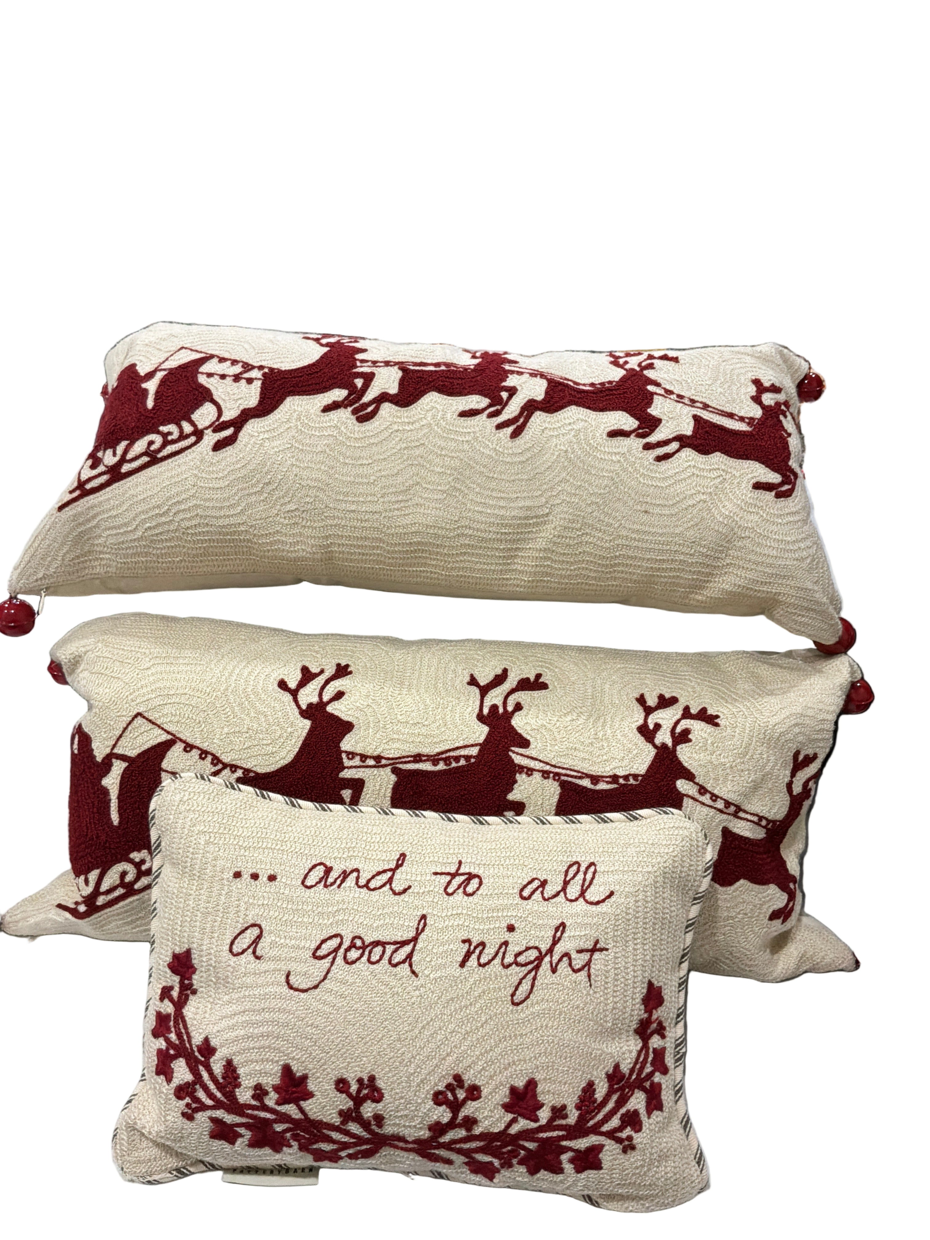 SET OF 3 X-MAS PILLOW BARN CREAMW/DEER/BELLS
