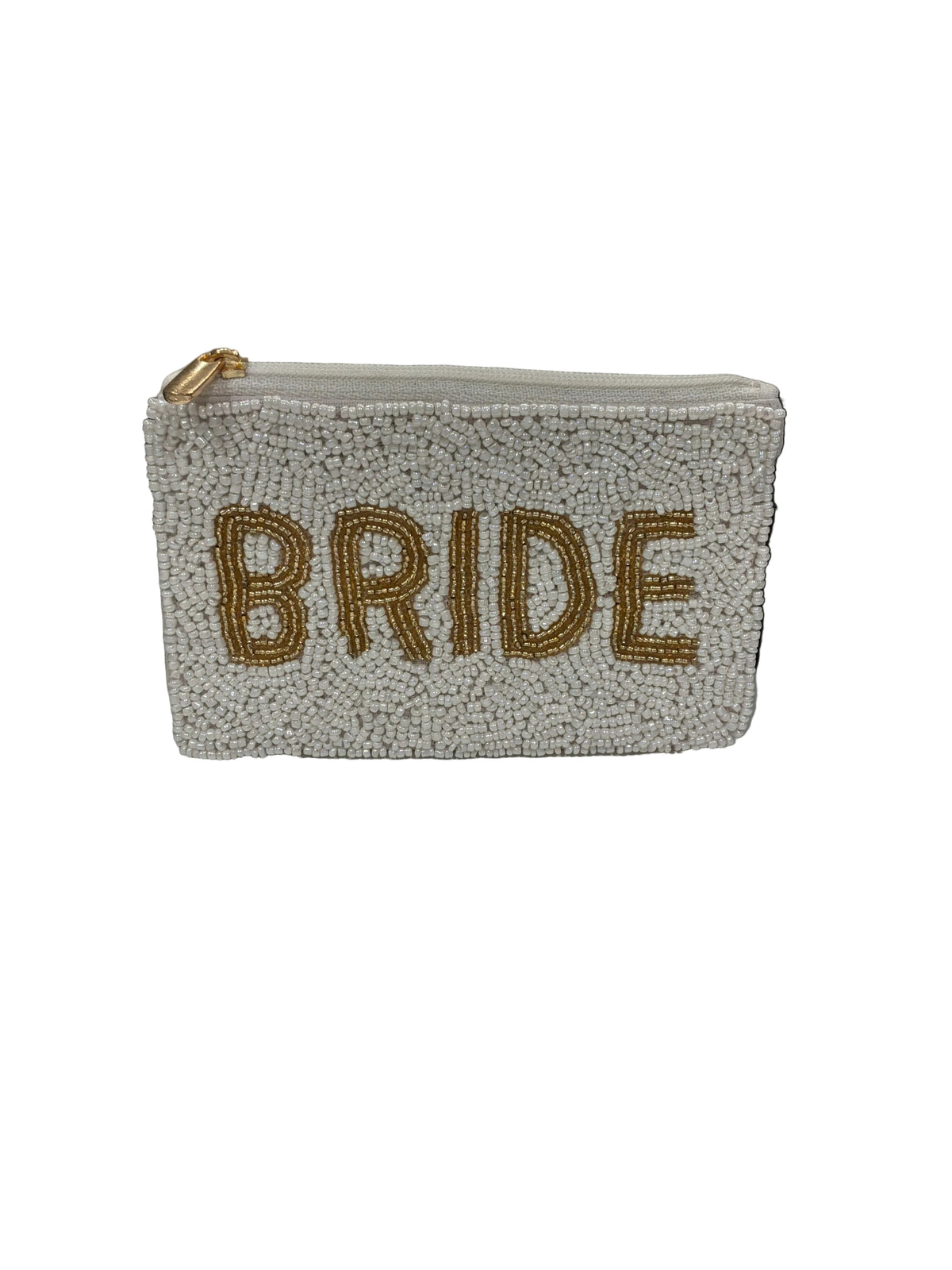 BRIDE  WHITE SEED BEADED COIN PURSE METALLIC GOLD LETTERING