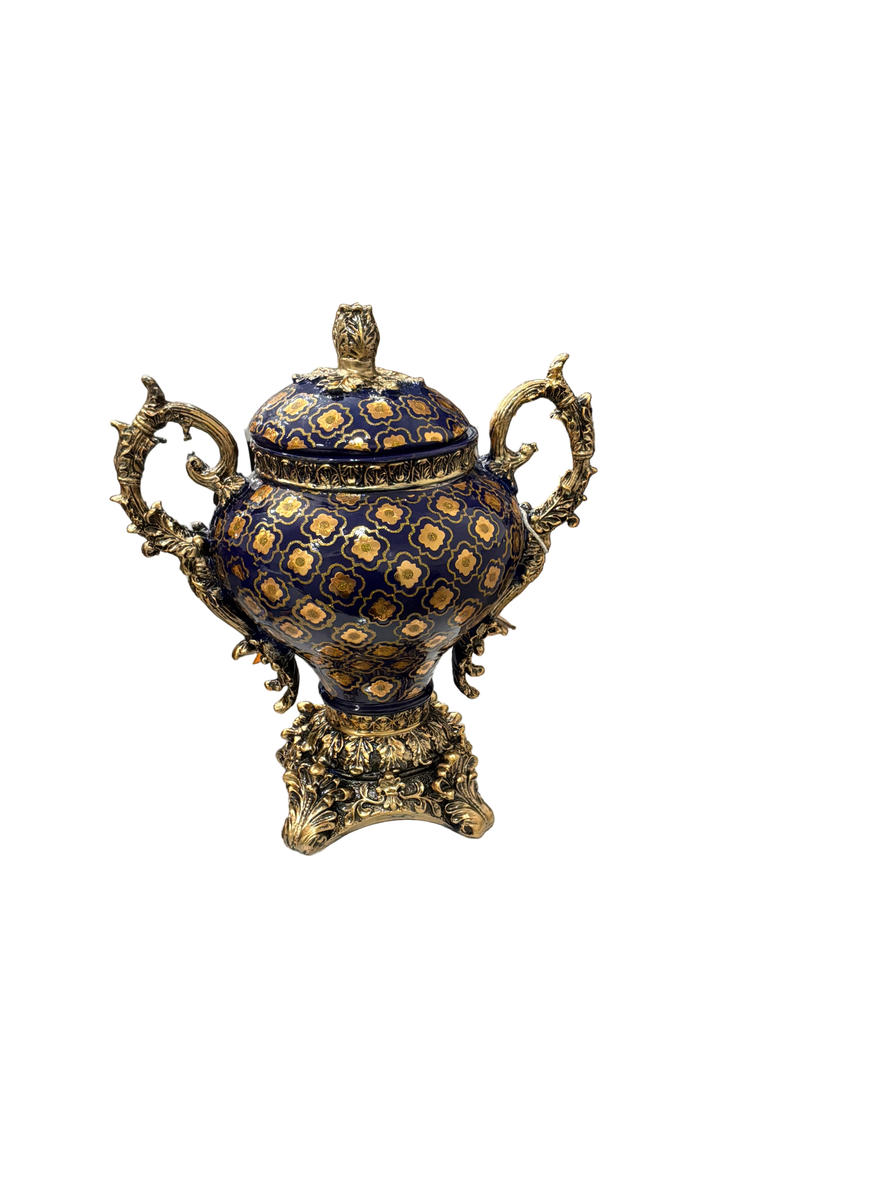VASE SMALL BRN NAVY BL/GD W/LID