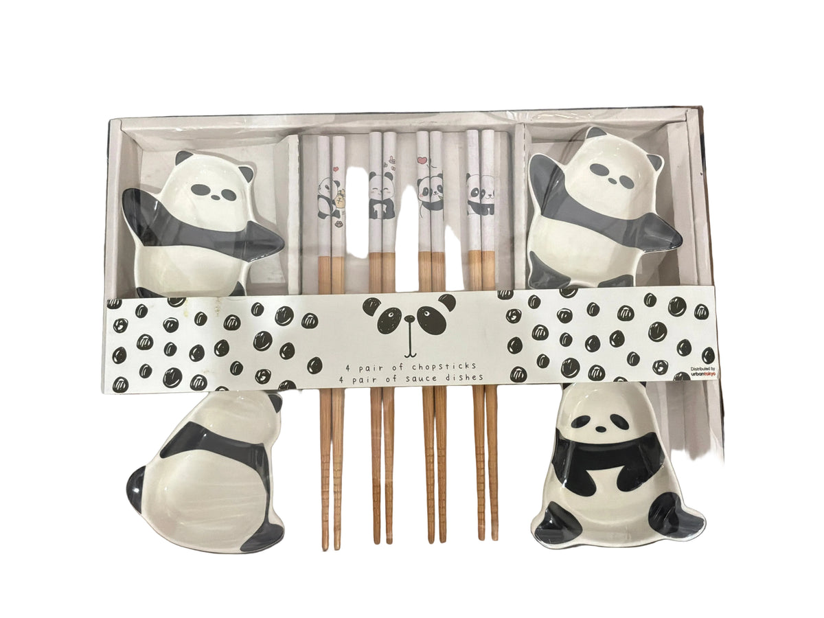 4 PANDAS WOODEN CHOPSTICKS & SAUCE DISH GIFT SET
