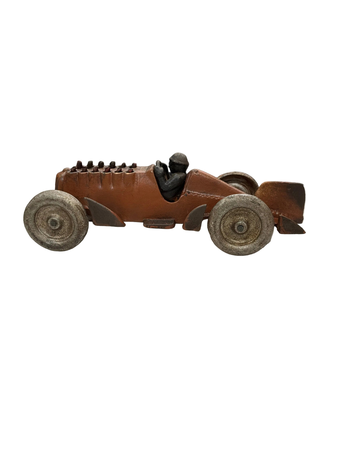 BROWN VINTAGE CAST IRON RACE CAR WITH PISTONS