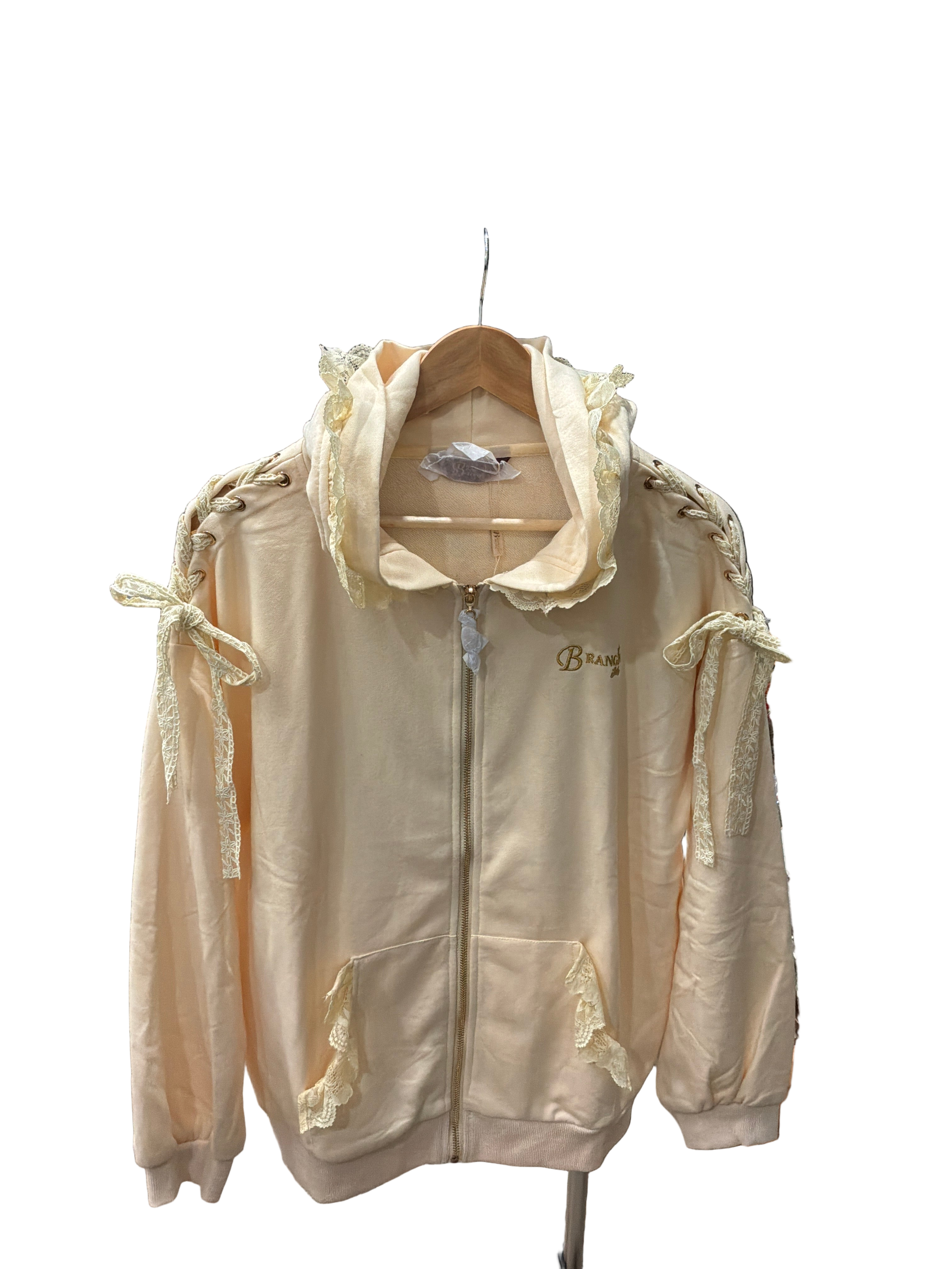 BRANGIO ITALY VINTAGE LACE TRIMMED HOODED ZIP UP