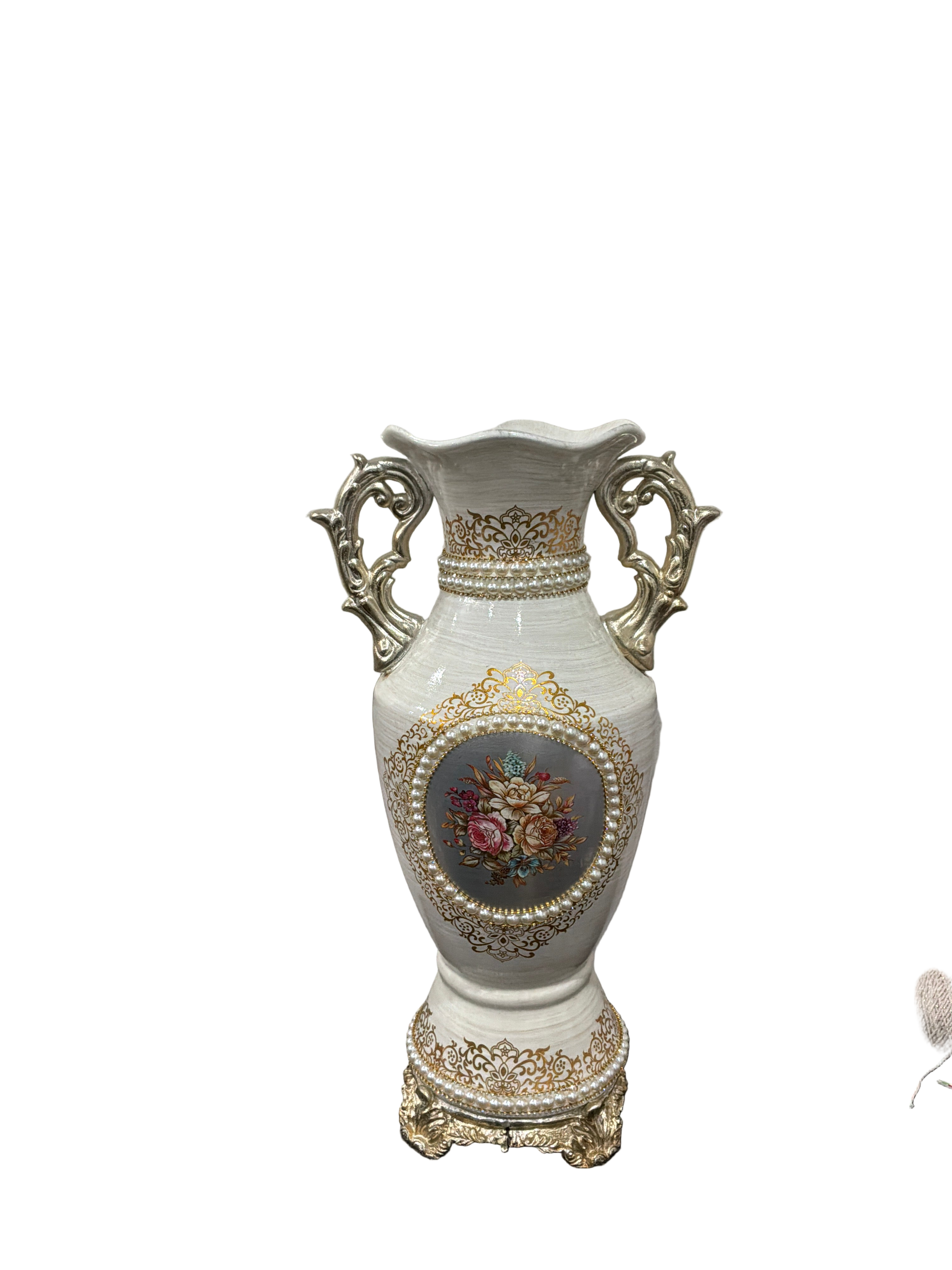 VASE TALL ANTIQUE WHITE/FLW GD TRIM PEARLS
