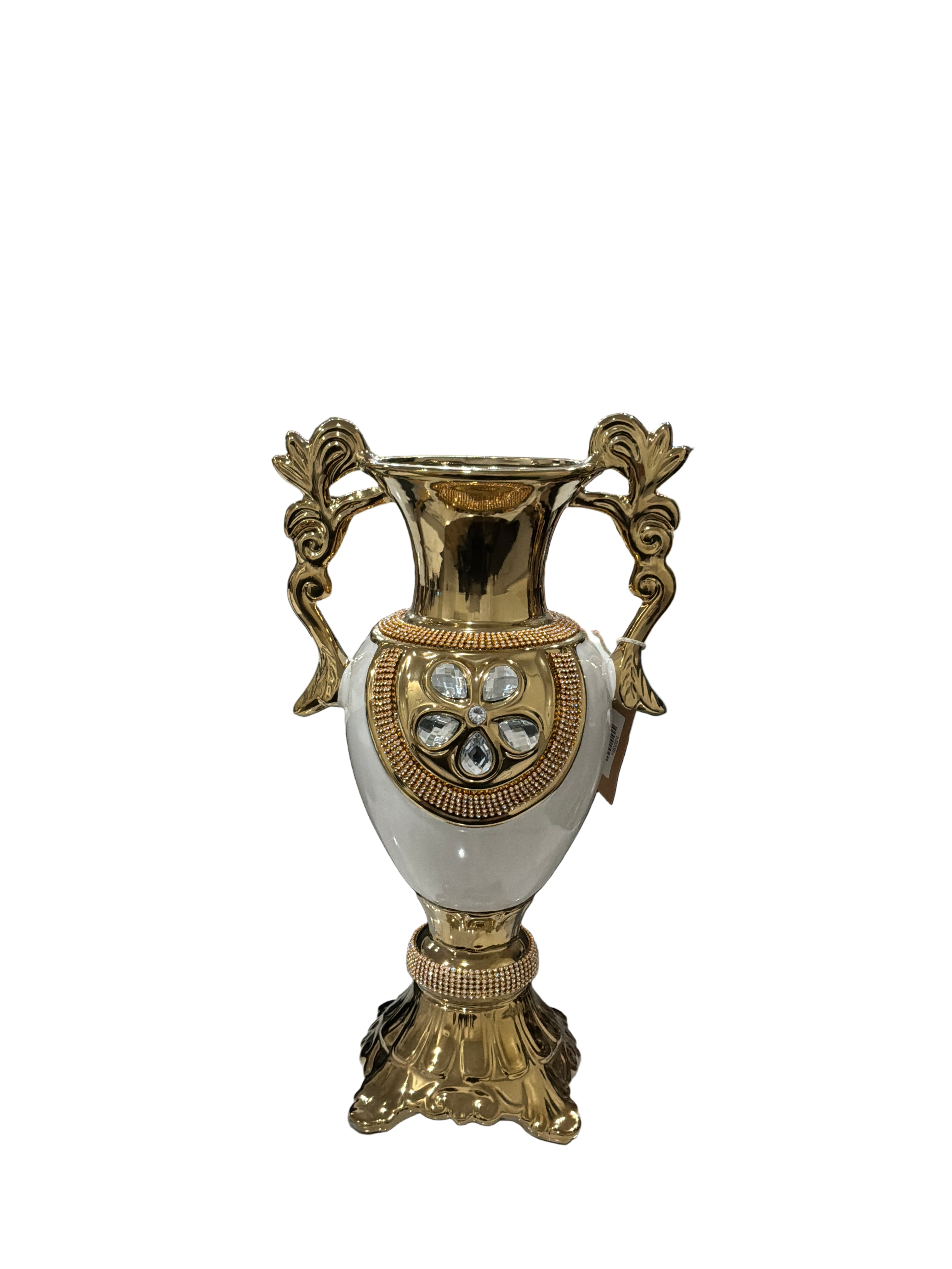 VASE WH/GD W/HANDLES