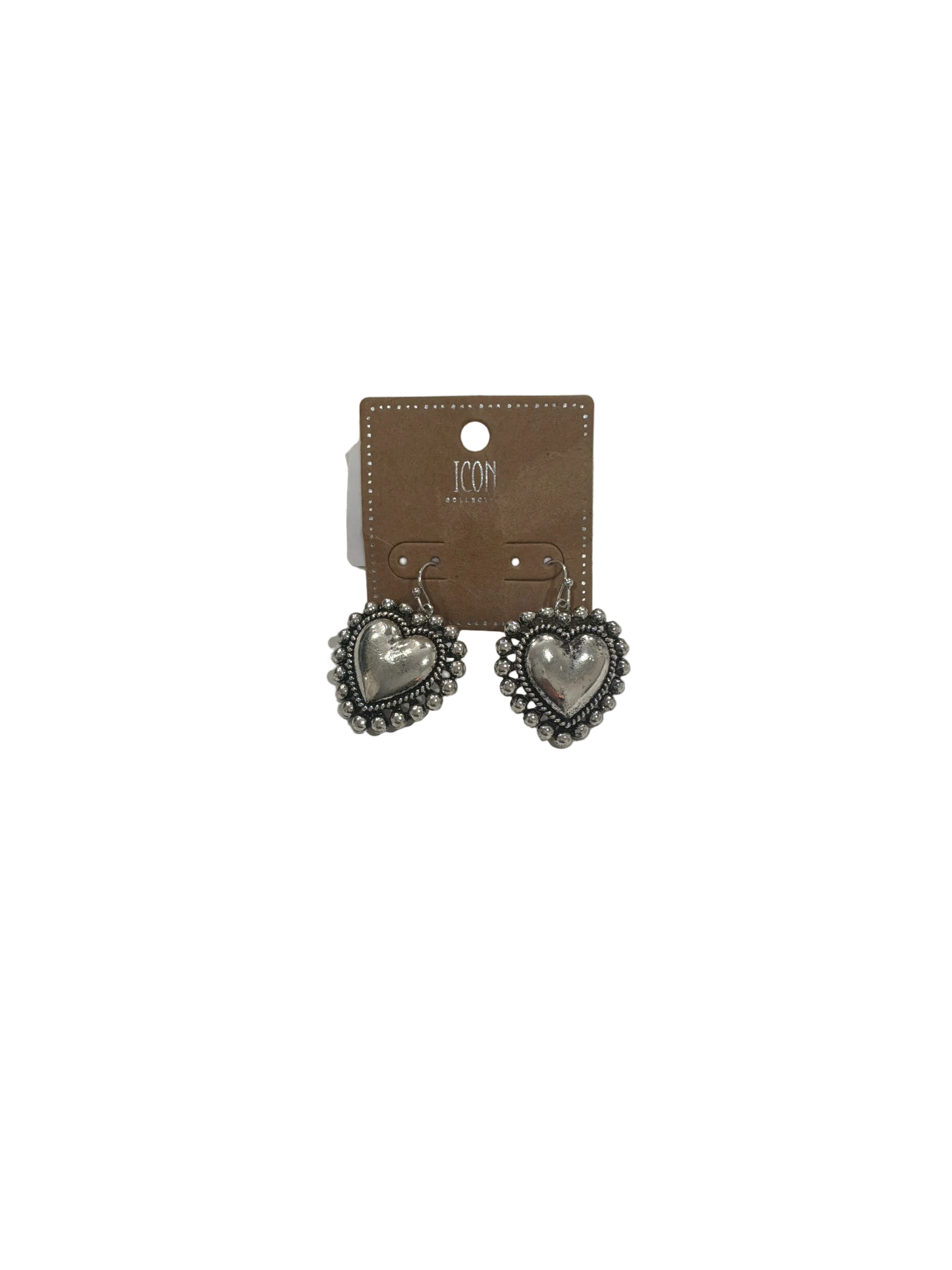 PH SILVER TONED HEART SHAPED DANGLE EARRINGS W/ BEADED ACCENTS