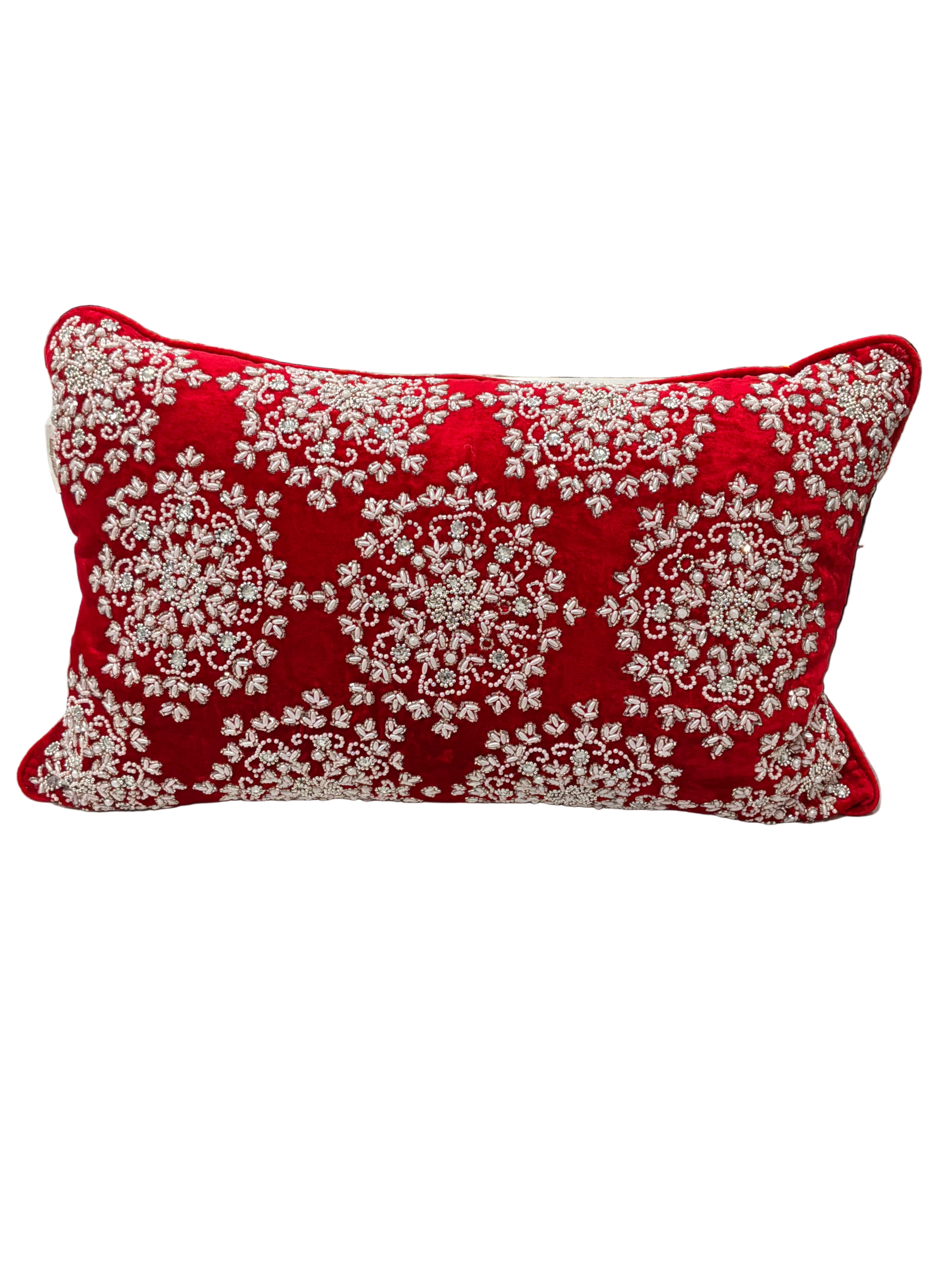 EMBELISSHED BLOOD RED PILLOW W/ STONES& PEARLS