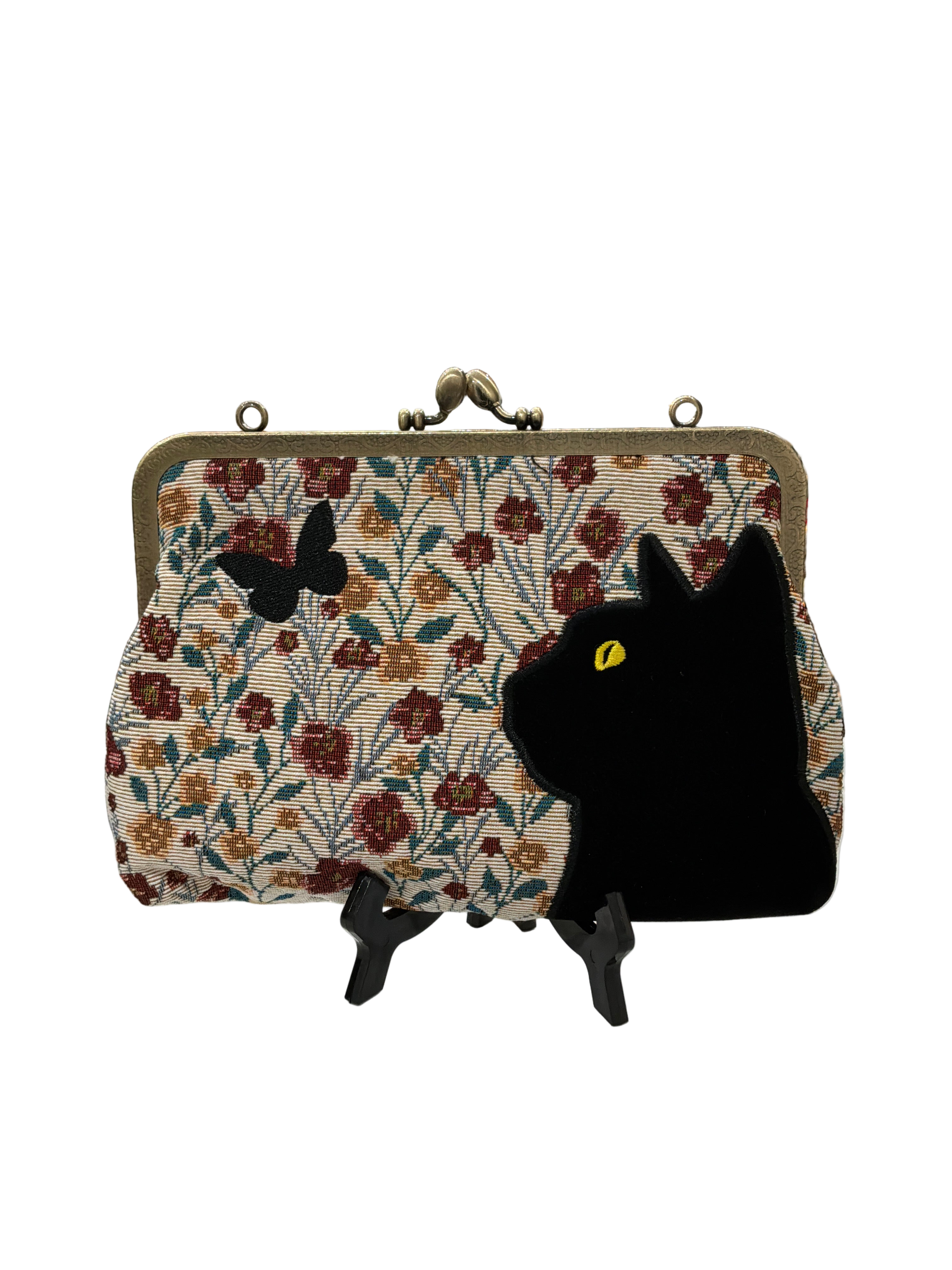 FLORAL BLACK CAT KISS LOCK BAG IN COTTON FABRIC