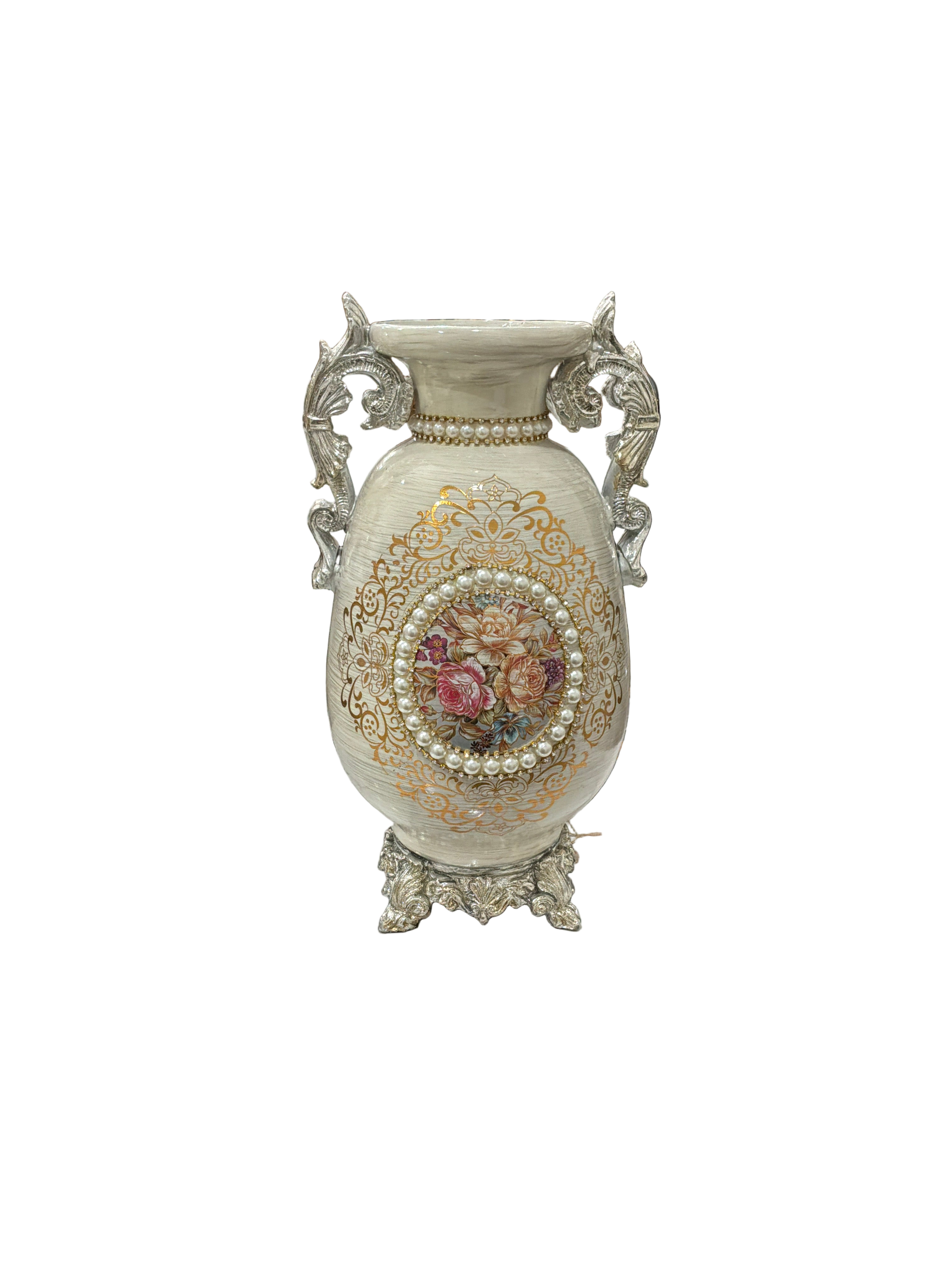VASE VANILLA W/SILVER FLOWER ACCENT