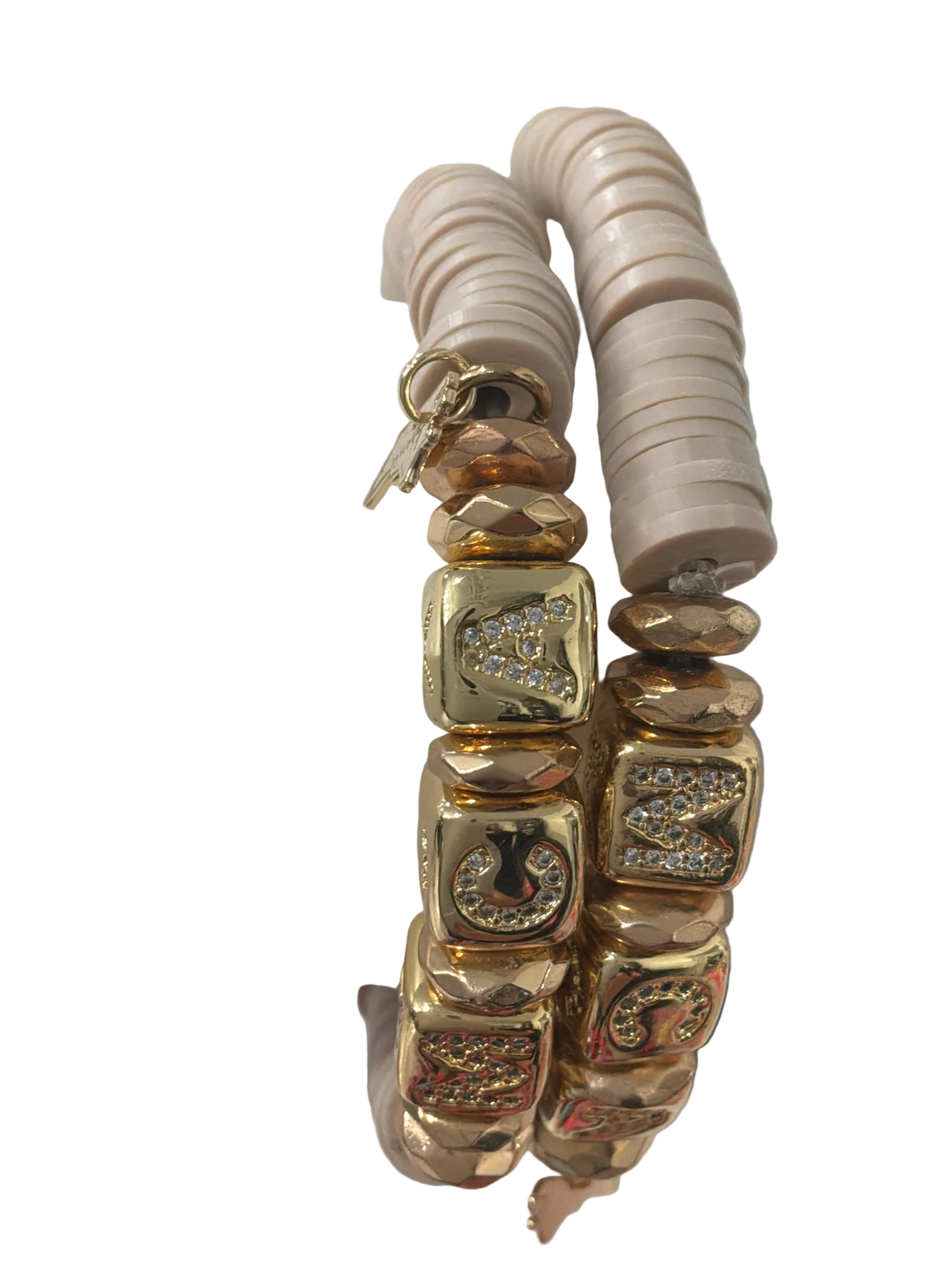 3 STRAND LIGHT CREAM & GOLD RUBBER BEADED BRACELET