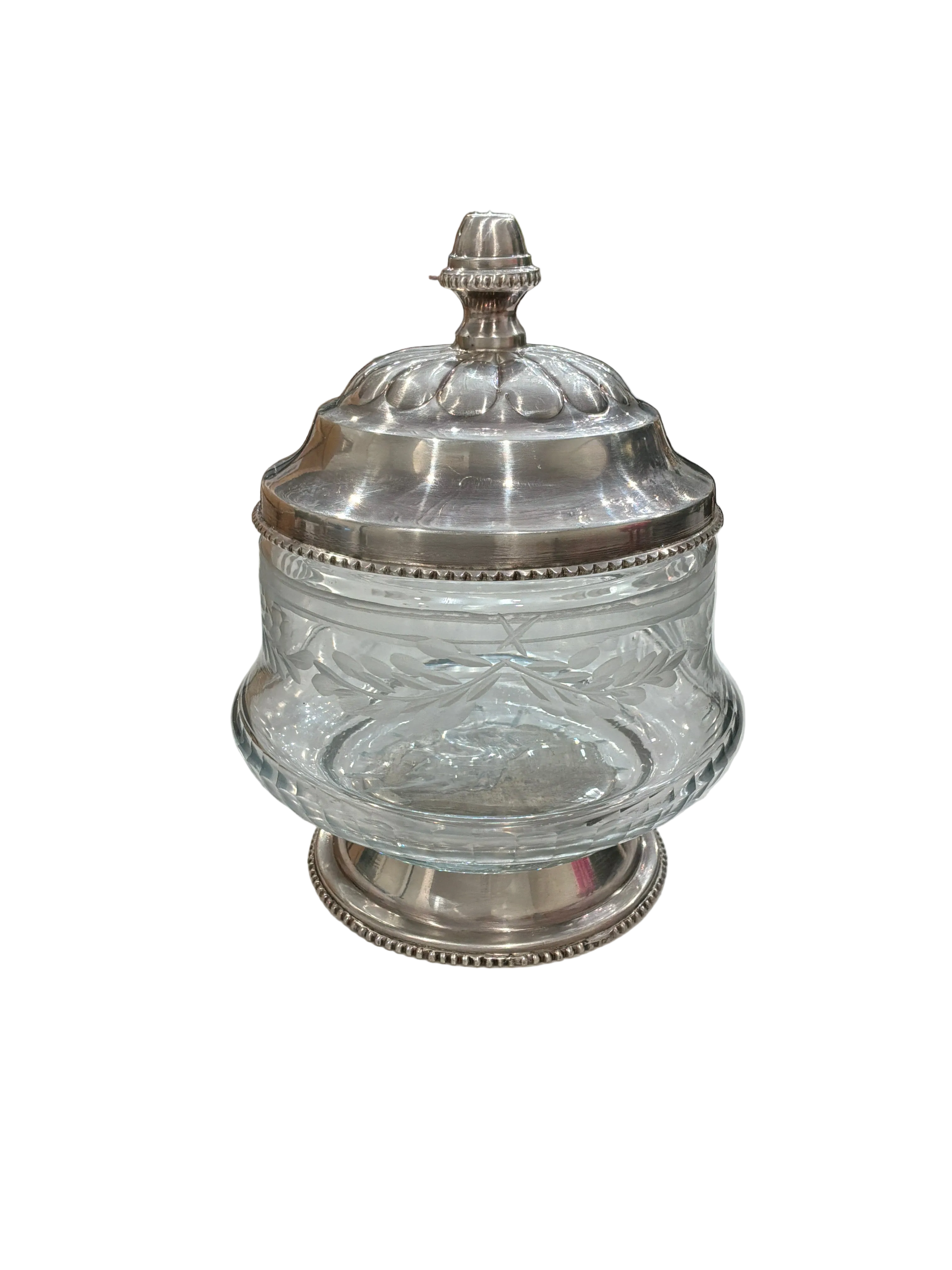 ANTIQUE SILVER ETCHED GLASS VANITY CANISTER