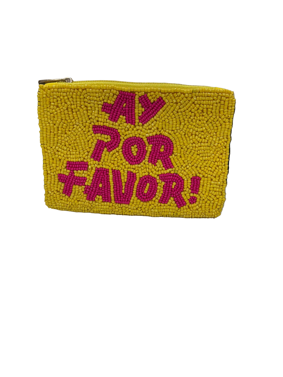 AY POR FAVOR BEADED POUCH W/PINK TEXT