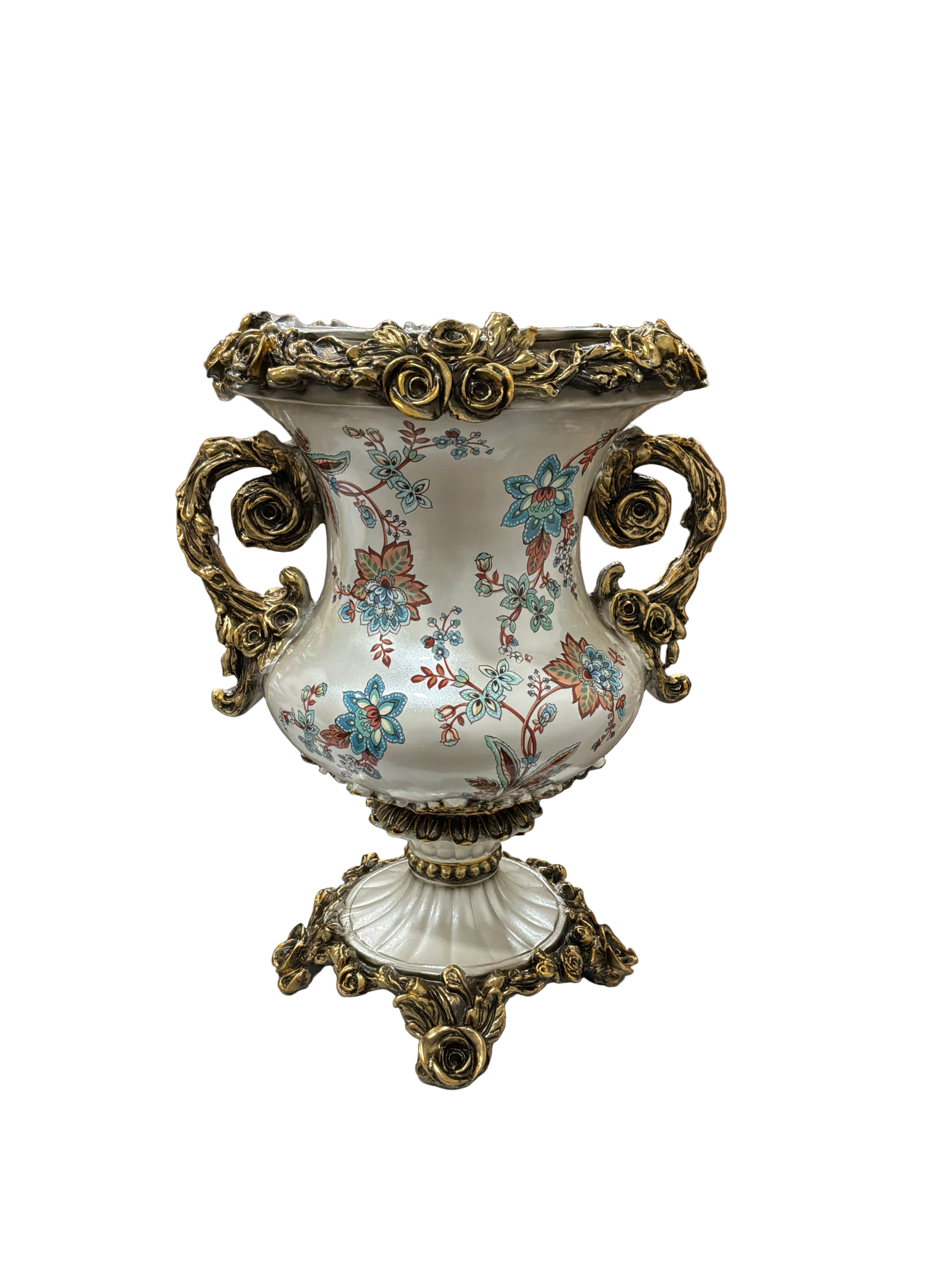 VASE W/GLD ROSE TRIM & BASE