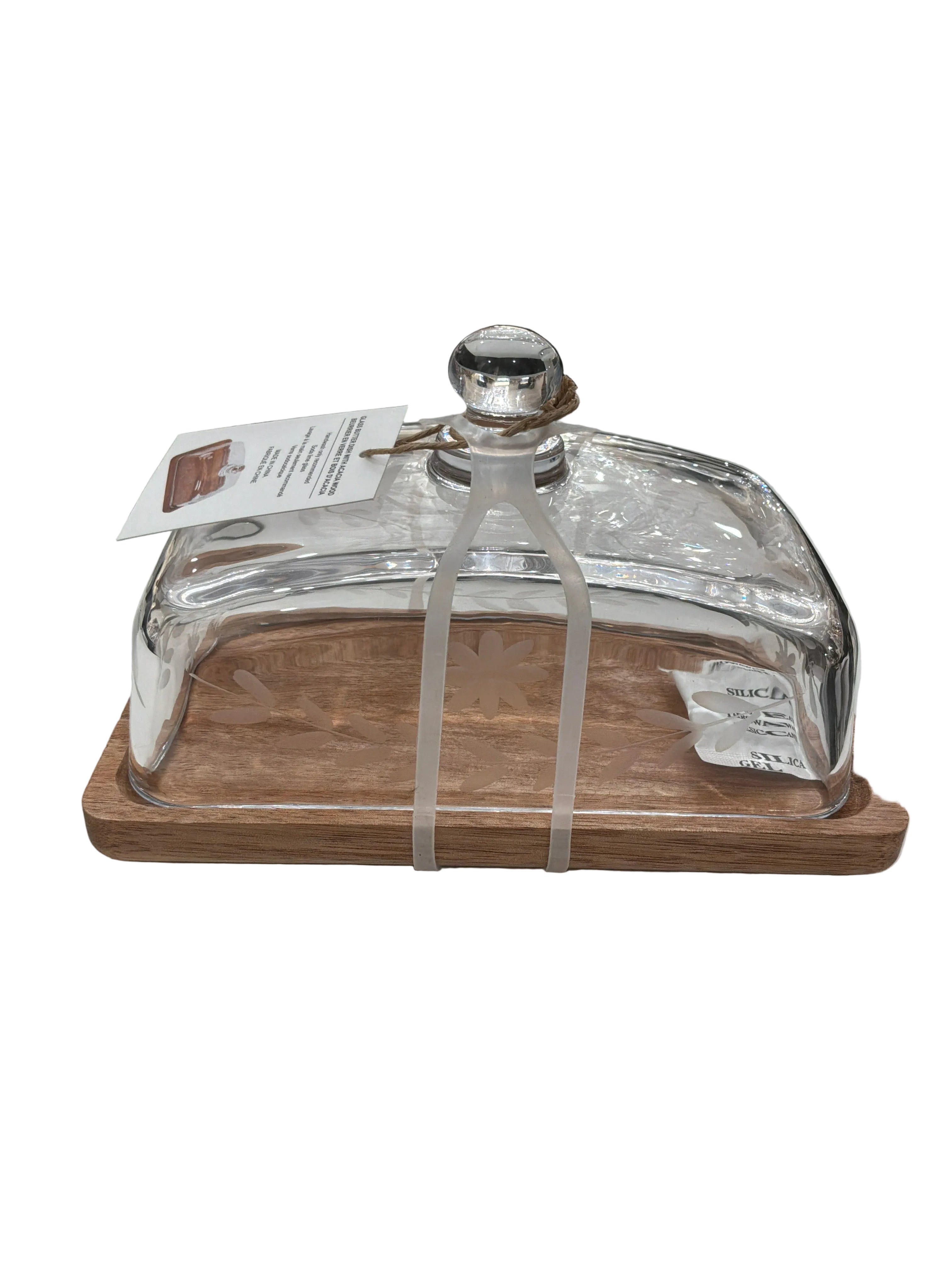 GLASS BUTTER DISH ACACIA WOOD