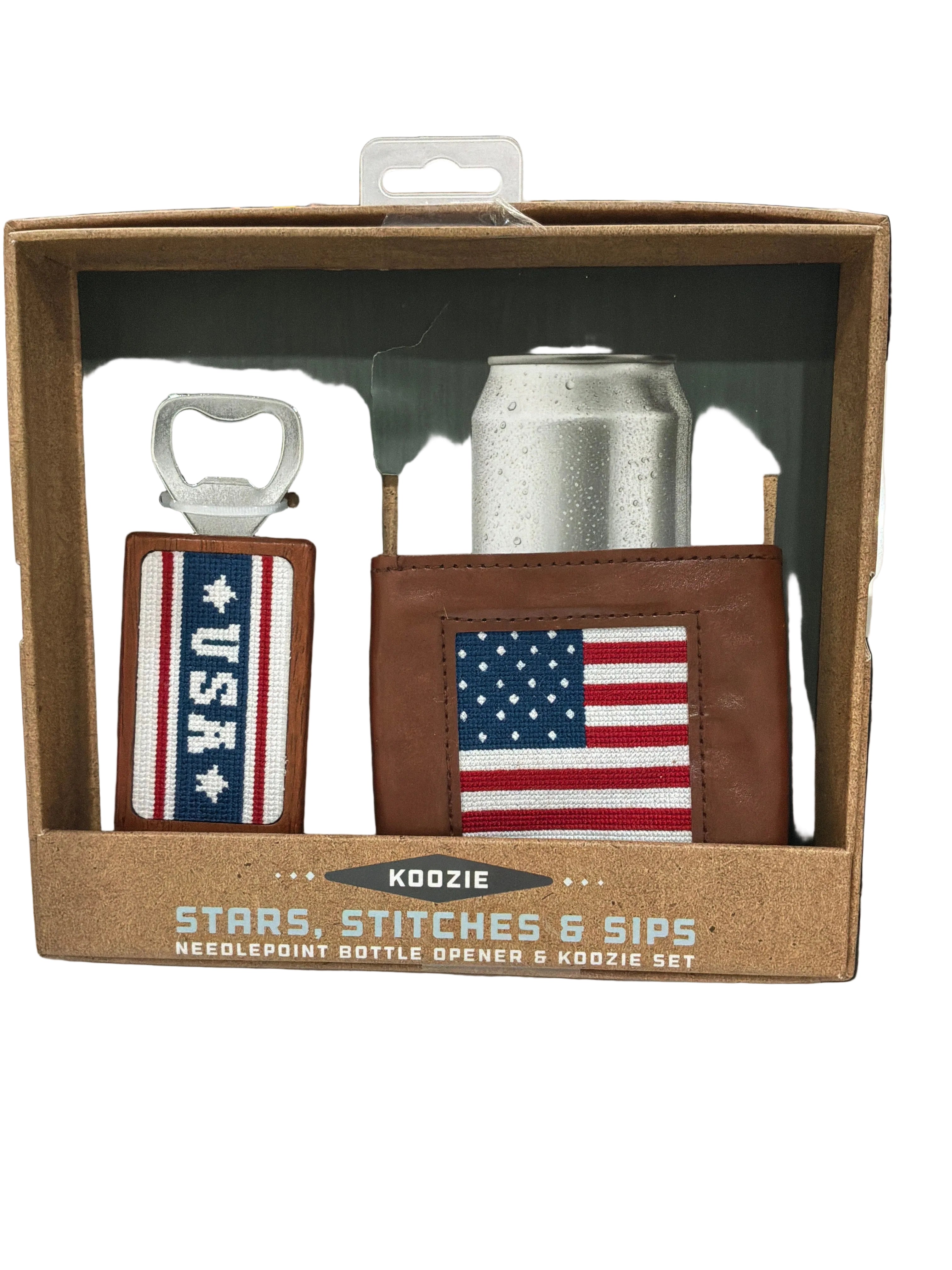 KOOZIE STARS, STICTHES & SIPS/BOTTLE OPENER SET